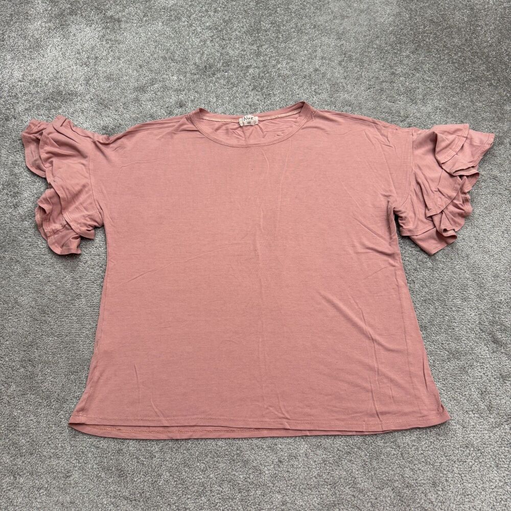 Nur Gigg Ruffle Sleeves Blouse Top Womens XL Pink Crew Neck Stretch Casual